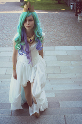 Size: 2803x4204 | Tagged: safe, artist:sewingintherain, princess celestia, human, g4, clothes, convention, cosplay, crystal fair con, dress, irl, irl human, photo, solo