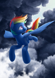 Size: 1400x1981 | Tagged: safe, artist:dahtamnay, rainbow dash, g4, cloud, cloudy, female, flying, looking back, solo, spread wings, windswept mane