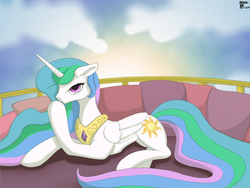 Size: 4000x3000 | Tagged: safe, artist:nehroz, princess celestia, g4, female, looking at you, pillow, raised hoof, solo, sun, sunrise