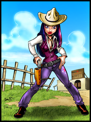 Size: 2535x3379 | Tagged: safe, artist:tekitsune, artist:tombancroft, twilight sparkle, human, g4, belt, boots, breasts, cleavage, clothes, cowboy boots, cowboy hat, cowgirl, dress shirt, female, fence, gun, gun holster, hat, high res, humanized, jeans, lipstick, pants, red lipstick, revolver, saloon, shoes, solo, stetson, vest