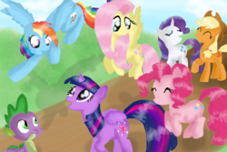 Size: 1095x730 | Tagged: safe, artist:chanceyb, applejack, fluttershy, pinkie pie, rainbow dash, rarity, spike, twilight sparkle, alicorn, pony, g4, female, group photo, mane six, mare, twilight sparkle (alicorn)