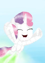 Size: 758x1053 | Tagged: safe, artist:chanceyb, sweetie belle, pony, robot, robot pony, unicorn, g4, eyes closed, female, filly, flying, foal, hooves, horn, jetpack feet, open mouth, solo, sweetie bot