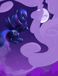 Size: 2975x3850 | Tagged: safe, artist:moonlitbrush, oc, oc only, pegasus, pony, butt, cloud, cloudy, female, flying, high res, mare, moon, night, open mouth, plot, solo, stars
