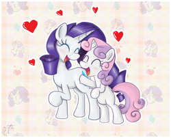 Size: 1188x962 | Tagged: safe, artist:melancholy, rarity, sweetie belle, pony, unicorn, g4, eyes closed, female, filly, foal, happy, heart, mare, open mouth, sisters, smiling
