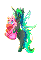 Size: 1030x1500 | Tagged: safe, artist:koveliana, queen chrysalis, oc, oc:fluffle puff, g4, animated, chromatic aberration, color porn, heart eyes, simple background, transparent background, wingding eyes