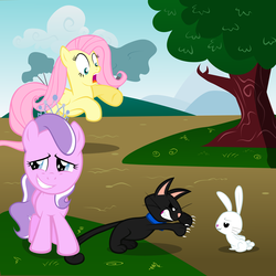 Size: 1950x1950 | Tagged: safe, artist:magerblutooth, angel bunny, diamond tiara, fluttershy, oc, oc:dazzle, cat, earth pony, pegasus, pony, rabbit, g4, animal, female, filly, foal, mare, tree