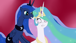 Size: 3840x2160 | Tagged: safe, artist:katsu, princess celestia, princess luna, g4, ear bite, high res, shipping