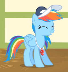 Size: 791x833 | Tagged: safe, screencap, rainbow dash, pegasus, pony, flight to the finish, g4, coach rainbow dash, cute, dashabetes, eyes closed, female, happy, hat, mare, smiling, solo, whistle