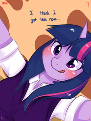 Size: 600x800 | Tagged: dead source, safe, artist:omgproductions, twilight sparkle, anthro, g4, :p, blushing, camera, camera shot, cute, female, looking at you, smiling, solo, tongue out, twilight sparkle's journal