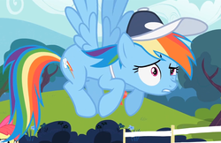 Size: 1104x716 | Tagged: safe, screencap, rainbow dash, pony, flight to the finish, g4, coach rainbow dash, face, female, flying, hat, solo, whistle