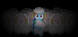 Size: 2422x1146 | Tagged: safe, artist:zacatron94, rainbow dash, sheep, g4, catherine, cryaotic, mask, pillow