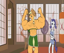 Size: 1280x1066 | Tagged: safe, artist:furrymusclegrowthfan, applejack, rarity, anthro, g4, applejacked, back, breasts, curvy, female, fetish, flexing, gym, ink, mare, muscle fetish, muscles, outfits, overdeveloped muscles, sports, the incredible hulk