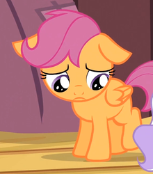 Size: 577x655 | Tagged: safe, screencap, scootaloo, pegasus, pony, flight to the finish, g4, :c, blank flank, cute, cutealoo, face, female, filly, floppy ears, foal, folded wings, frown, looking down, sad, sad face, scootasad, solo, wings