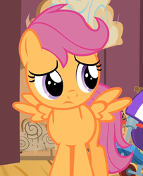 Size: 717x883 | Tagged: safe, screencap, scootaloo, pegasus, pony, flight to the finish, g4, cute, cutealoo, female, filly, foal, frown, helmet, sad, scootasad, scooter, solo, spread wings, wings