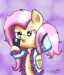 Size: 831x977 | Tagged: safe, artist:schizophrenicghost, fluttershy, g4, bathrobe, belly button, clothes, duckface, female, phone, robe, selfie, solo