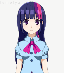 Size: 525x600 | Tagged: dead source, safe, artist:lumelya, twilight sparkle, human, equestria girls, g4, animated, blushing, emofuri, female, head tilt, humanized, looking at you, open mouth, smiling, solo, sway