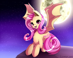 Size: 800x632 | Tagged: safe, artist:lumelya, fluttershy, g4, chest fluff, ear fluff, female, flutterbat, looking at you, moon, night, solo, spread wings