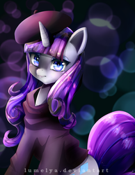 Size: 956x1232 | Tagged: safe, artist:lumelya, rarity, pony, unicorn, g4, beatnik rarity, beret, clothes, female, hat, mare, solo, sweater