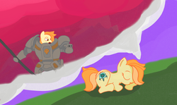Size: 1511x900 | Tagged: artist needed, safe, oc, oc only, oc:safe haven, earth pony, pony, armor, dream, earth pony oc, grey knights, lying down, power armor, sleeping, solo, thought bubble, warhammer (game), warhammer 40k, weapon