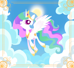 Size: 883x813 | Tagged: safe, artist:fooh bunny, artist:skadafrod, princess celestia, alicorn, pony, g4, cloud, cute, cutelestia, female, flying, mare, pixiv, profile, sky, solo, sun