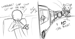 Size: 844x435 | Tagged: safe, artist:alloyrabbit, oc, oc only, oc:anon, oc:goatmod, goat, human, train pony, monochrome, scared, sketch, the ride never ends, train