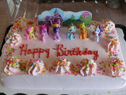 Size: 4000x3000 | Tagged: safe, applejack, fluttershy, pinkie pie, rainbow dash, rarity, twilight sparkle, alicorn, pony, g4, birthday, birthday cake, cake, female, irl, mane six, mare, photo, twilight sparkle (alicorn)