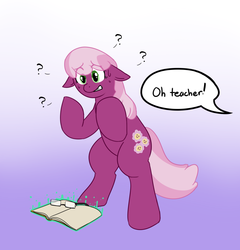 Size: 1200x1250 | Tagged: safe, artist:robertge, part of a set, cheerilee, earth pony, pony, g4, bipedal, book, confused, dialogue, eye clipping through hair, female, floppy ears, glasses, gradient background, gritted teeth, human to pony, magic, male to female, mare, offscreen character, question mark, rule 63, solo, speech bubble, sweat, sweatdrops, transformation, transformation sequence, transformed, transgender transformation