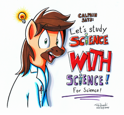 Size: 900x833 | Tagged: safe, artist:tobibrocki, oc, oc only, oc:calpain, earth pony, pony, calpain, clothes, department of redundancy department, for science, lab coat, lightbulb, male, ponysona, science, solo, stallion, this will end in science, traditional art