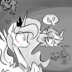 Size: 1280x1280 | Tagged: safe, artist:jankrys00, princess celestia, princess luna, alicorn, pony, lunadoodle, g4, blob, blob ponies, blushing, cake, cakelestia, eye contact, frown, monochrome, one word, question mark, raised hoof, self ponidox, smiling, spread wings, too many ponies, wide eyes