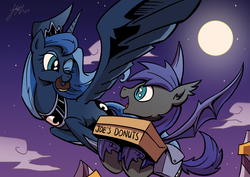 Size: 4093x2894 | Tagged: dead source, safe, artist:lovelyneckbeard, princess luna, oc, oc:au hasard, bat pony, pony, donut, flying, happy, i can't believe it's not idw, moon, mouth hold, night, night guard, open mouth, royal guard, saddle bag, smiling, spread wings, wink