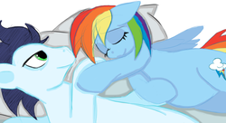 Size: 1280x698 | Tagged: safe, artist:sweethd, rainbow dash, soarin', g4, backwards cutie mark, bed, bedroom eyes, cute, eyes closed, female, hind legs, holding hooves, male, on side, preggo dash, pregnant, ship:soarindash, shipping, sleeping, smiling, straight