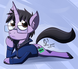 Size: 1289x1137 | Tagged: safe, artist:feline-gamer, oc, oc only, oc:media sequence, pony, unicorn, clothes, purple, solo