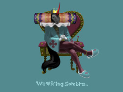 Size: 1024x768 | Tagged: safe, artist:bgn, king sombra, unicorn, anthro, g4, blue background, clothes, crown, katamari damacy, king of all cosmos, male, simple background, slippers, wtf