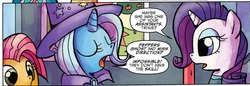 Size: 1816x623 | Tagged: safe, artist:agnesgarbowska, idw, official comic, babs seed, miss direction, peppers ghost, rarity, trixie, g4, spoiler:comic, comic, eyes closed, open mouth, speech bubble