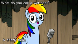 Size: 1024x576 | Tagged: safe, rainbow dash, rainbow dash presents, g4, female, image macro, meme, pun, rainbow's pun, solo