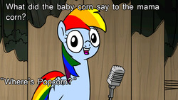 Size: 1024x576 | Tagged: safe, rainbow dash, rainbow dash presents, g4, female, image macro, meme, pun, rainbow's pun, solo