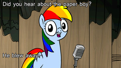 Size: 1024x576 | Tagged: safe, rainbow dash, rainbow dash presents, g4, female, image macro, meme, pun, rainbow's pun, solo