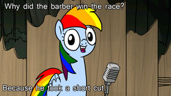 Size: 1024x576 | Tagged: safe, rainbow dash, rainbow dash presents, g4, female, image macro, meme, pun, rainbow's pun, solo