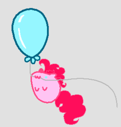 Size: 876x712 | Tagged: safe, artist:macroscopicponies, pinkie pie, g4, :3, balloon, bubble berry, cute, floating, flying, gray background, nom, rule 63, simple background, small, solo, then watch her balloons lift her up to the sky