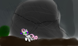 Size: 2920x1739 | Tagged: safe, artist:frikdikulous, sweetie belle, g4, boulder, chained, chains, colored, dark magic, female, magic, rain, solo, sombra eyes