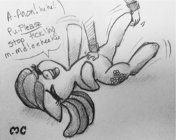 Size: 1083x860 | Tagged: safe, artist:mcponyponypony, cheerilee, oc, oc:anon, g4, anon in equestria, laughing, no tail, tickling, traditional art