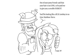 Size: 1024x745 | Tagged: safe, artist:dragonboi471, rainbow dash, human, g4, crossover, haircut, monochrome, razor, soldier, soldier (tf2), team fortress 2