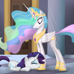 Size: 1286x1288 | Tagged: safe, artist:ariah101, princess celestia, rarity, alicorn, pony, unicorn, g4, sweet and elite, eyes closed, female, frown, gritted teeth, grovelling, hoof worship, kissing, mare, prone, rarity's fetish, scene interpretation, wide eyes