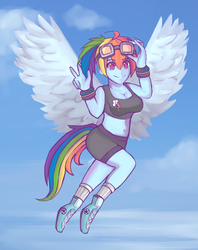 Size: 2234x2825 | Tagged: safe, artist:midnightcoffeerun, rainbow dash, human, g4, belly button, cleavage, clothes, female, flying, goggles, high res, humanized, midriff, pony coloring, shorts, solo, sports bra, tailed humanization, winged humanization