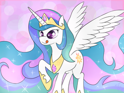 Size: 1600x1200 | Tagged: safe, artist:godofsteak, princess celestia, g4, cute, cutelestia, female, le lenny face, licking lips, raised hoof, smiling, solo, sparkles, spread wings, tongue out