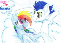 Size: 1024x727 | Tagged: safe, artist:lionessfortune, rainbow dash, soarin', g4, cloud, cloudy, female, heart, lying, male, on back, prone, ship:soarindash, shipping, smiling, straight, traditional art