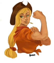 Size: 549x635 | Tagged: safe, artist:bunny, applejack, human, g4, female, humanized, muscles, parody, rosie the riveter, simple background, solo