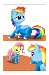 Size: 2047x3121 | Tagged: safe, artist:avionscreator, fluttershy, rainbow dash, g4, clothes, cute, derp, footed sleeper, high res, open mouth, pajamas, raised hoof, smiling