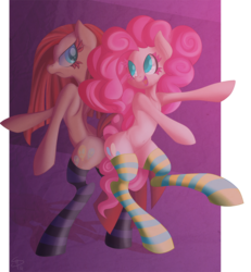 Size: 1385x1500 | Tagged: safe, artist:falleninthedark, pinkie pie, earth pony, semi-anthro, g4, belly, belly button, bipedal, butt bump, butt to butt, butt touch, clothes, human shoulders, humanoid torso, long legs, pinkamena diane pie, round belly, self ponidox, skinny, socks, sternocleidomastoid, striped socks, thin
