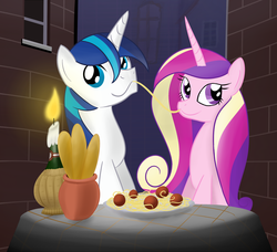 Size: 1806x1644 | Tagged: safe, artist:hip-indeed, princess cadance, shining armor, alicorn, pony, unicorn, g4, candle, duo, female, lady and the tramp, male, ponies eating meat, ship:shiningcadance, spaghetti, spaghetti scene, straight